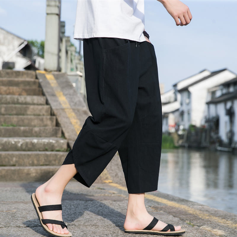 Buddha Stones Sommer-Hose aus Baumwolle und Leinen, lässig, schlicht, konisch zulaufendes Design, Kordelzug, Herrenhose in Länge 7–8, mit Taschen