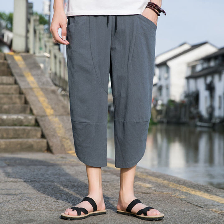 Buddha Stones Sommer-Hose aus Baumwolle und Leinen, lässig, schlicht, konisch zulaufendes Design, Kordelzug, Herrenhose in Länge 7–8, mit Taschen - image 1