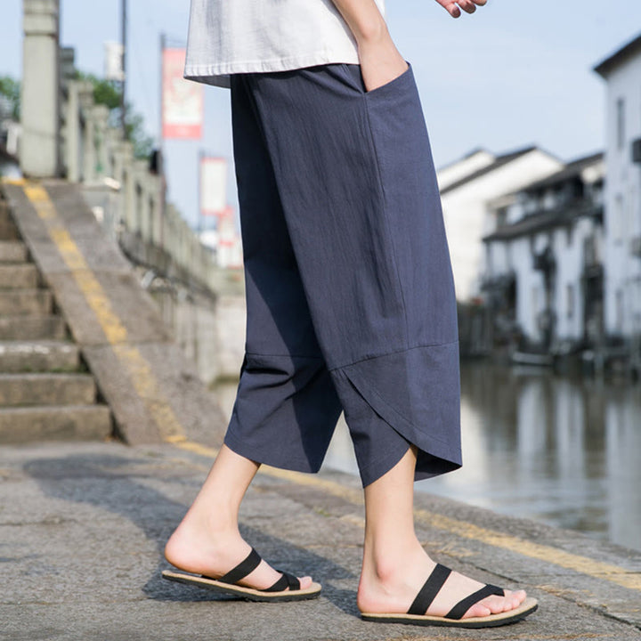 Buddha Stones Sommer-Hose aus Baumwolle und Leinen, lässig, schlicht, konisch zulaufendes Design, Kordelzug, Herrenhose in Länge 7–8, mit Taschen