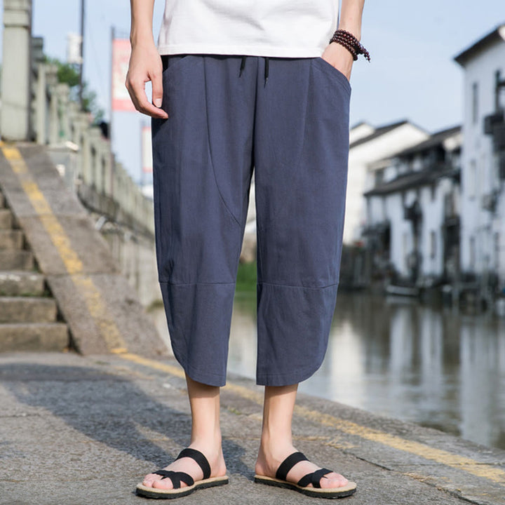 Buddha Stones Sommer-Hose aus Baumwolle und Leinen, lässig, schlicht, konisch zulaufendes Design, Kordelzug, Herrenhose in Länge 7–8, mit Taschen