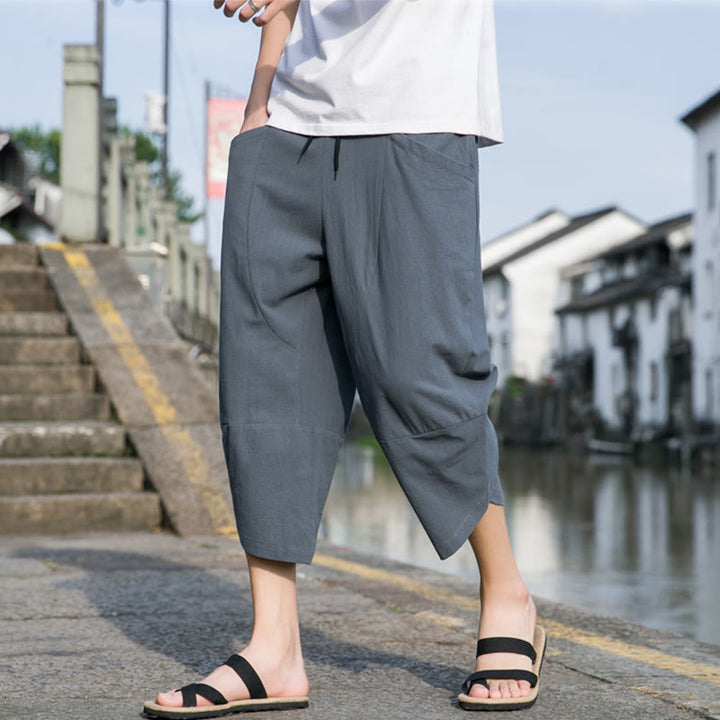 Buddha Stones Sommer-Hose aus Baumwolle und Leinen, lässig, schlicht, konisch zulaufendes Design, Kordelzug, Herrenhose in Länge 7–8, mit Taschen