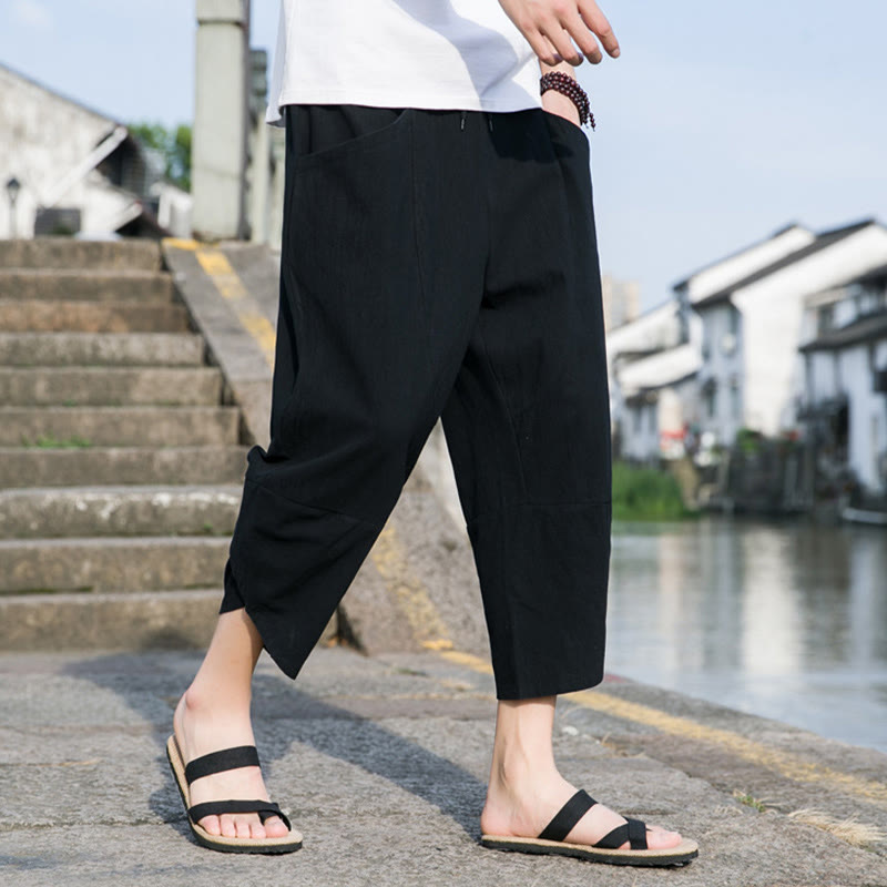 Buddha Stones Sommer-Hose aus Baumwolle und Leinen, lässig, schlicht, konisch zulaufendes Design, Kordelzug, Herrenhose in Länge 7–8, mit Taschen