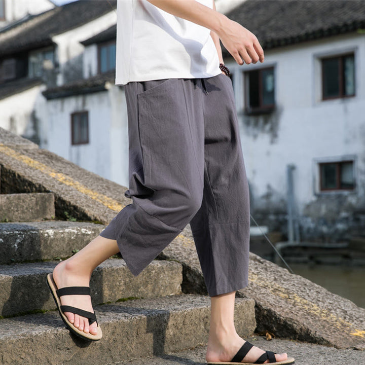 Buddha Stones Sommer-Hose aus Baumwolle und Leinen, lässig, schlicht, konisch zulaufendes Design, Kordelzug, Herrenhose in Länge 7–8, mit Taschen