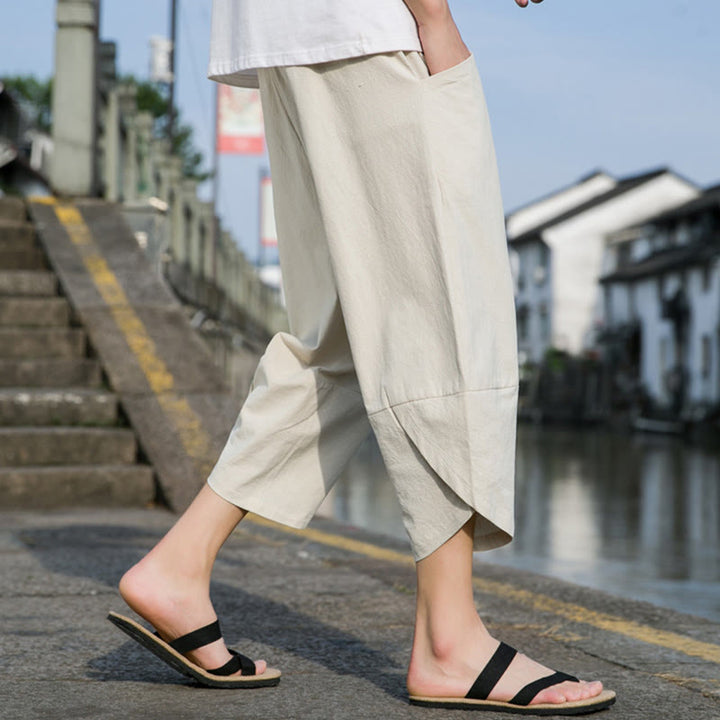 Buddha Stones Sommer-Hose aus Baumwolle und Leinen, lässig, schlicht, konisch zulaufendes Design, Kordelzug, Herrenhose in Länge 7–8, mit Taschen