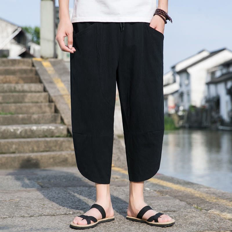 Buddha Stones Sommer-Hose aus Baumwolle und Leinen, lässig, schlicht, konisch zulaufendes Design, Kordelzug, Herrenhose in Länge 7–8, mit Taschen