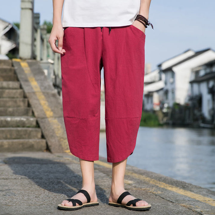 Buddha Stones Sommer-Hose aus Baumwolle und Leinen, lässig, schlicht, konisch zulaufendes Design, Kordelzug, Herrenhose in Länge 7–8, mit Taschen