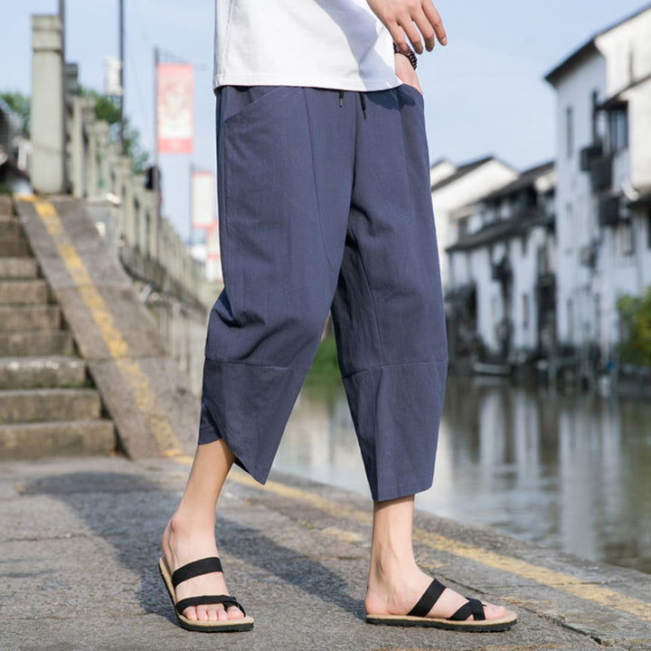 Buddha Stones Sommer-Hose aus Baumwolle und Leinen, lässig, schlicht, konisch zulaufendes Design, Kordelzug, Herrenhose in Länge 7–8, mit Taschen