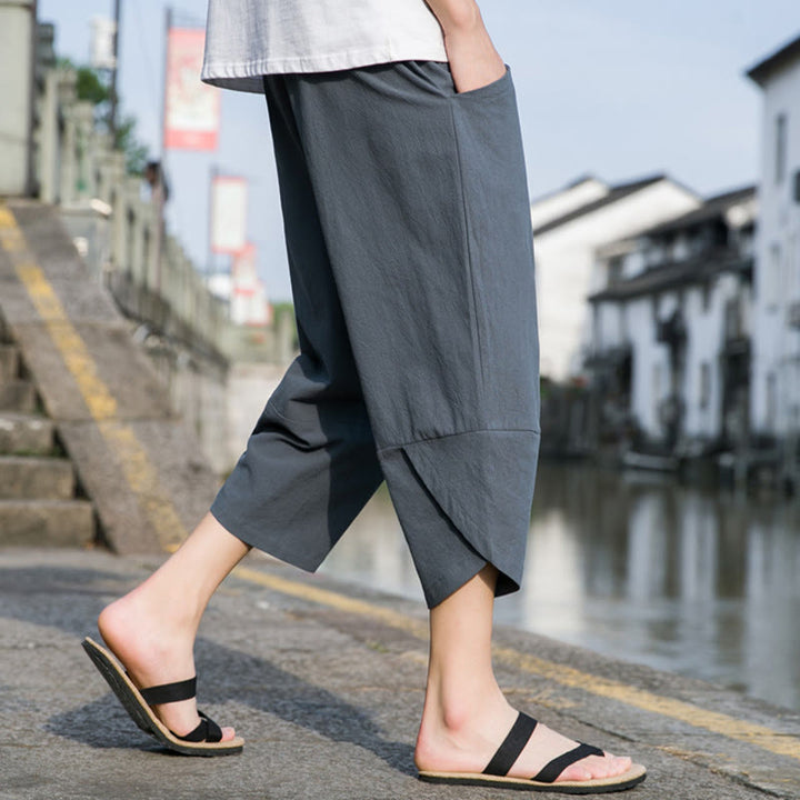 Buddha Stones Sommer-Hose aus Baumwolle und Leinen, lässig, schlicht, konisch zulaufendes Design, Kordelzug, Herrenhose in Länge 7–8, mit Taschen