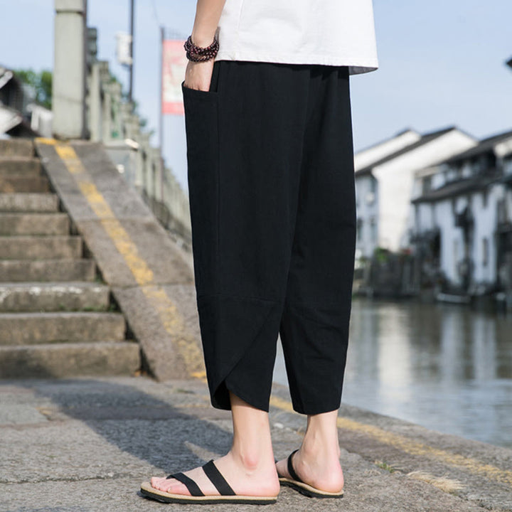 Buddha Stones Sommer-Hose aus Baumwolle und Leinen, lässig, schlicht, konisch zulaufendes Design, Kordelzug, Herrenhose in Länge 7–8, mit Taschen