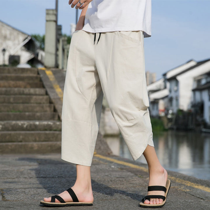 Buddha Stones Sommer-Hose aus Baumwolle und Leinen, lässig, schlicht, konisch zulaufendes Design, Kordelzug, Herrenhose in Länge 7–8, mit Taschen