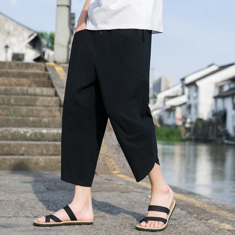 Buddha Stones Sommer-Hose aus Baumwolle und Leinen, lässig, schlicht, konisch zulaufendes Design, Kordelzug, Herrenhose in Länge 7–8, mit Taschen