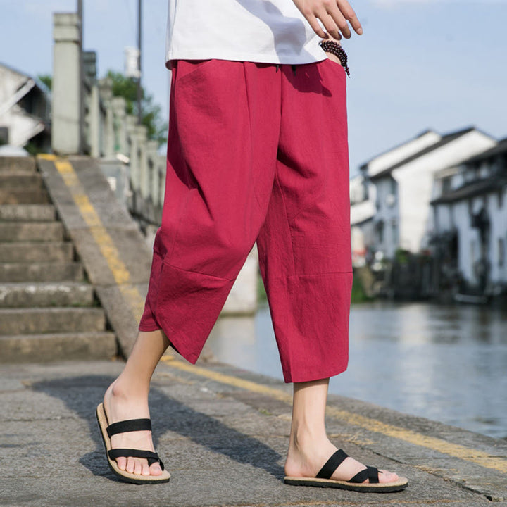 Buddha Stones Sommer-Hose aus Baumwolle und Leinen, lässig, schlicht, konisch zulaufendes Design, Kordelzug, Herrenhose in Länge 7–8, mit Taschen