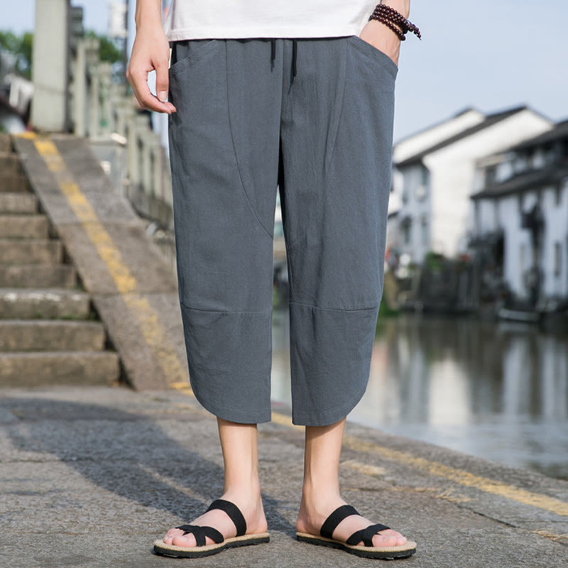 Buddha Stones Sommer-Hose aus Baumwolle und Leinen, lässig, schlicht, konisch zulaufendes Design, Kordelzug, Herrenhose in Länge 7–8, mit Taschen
