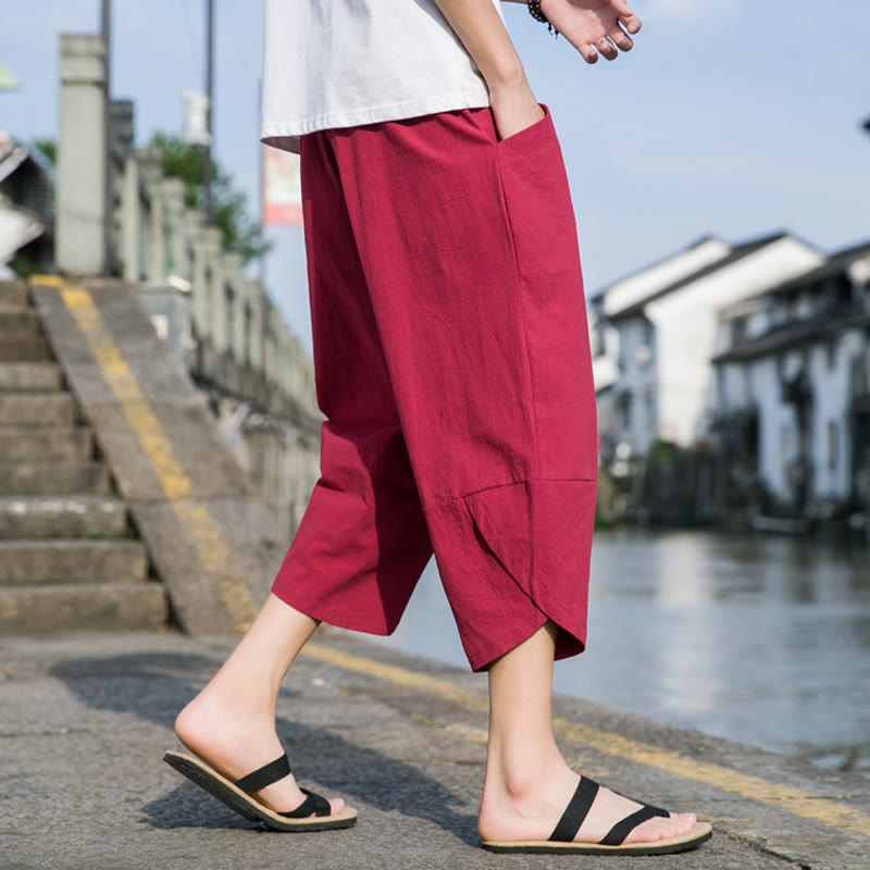 Buddha Stones Sommer-Hose aus Baumwolle und Leinen, lässig, schlicht, konisch zulaufendes Design, Kordelzug, Herrenhose in Länge 7–8, mit Taschen