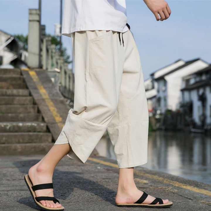 Buddha Stones Sommer-Hose aus Baumwolle und Leinen, lässig, schlicht, konisch zulaufendes Design, Kordelzug, Herrenhose in Länge 7–8, mit Taschen