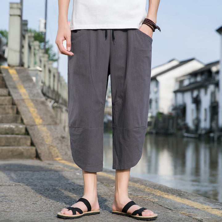 Buddha Stones Sommer-Hose aus Baumwolle und Leinen, lässig, schlicht, konisch zulaufendes Design, Kordelzug, Herrenhose in Länge 7–8, mit Taschen