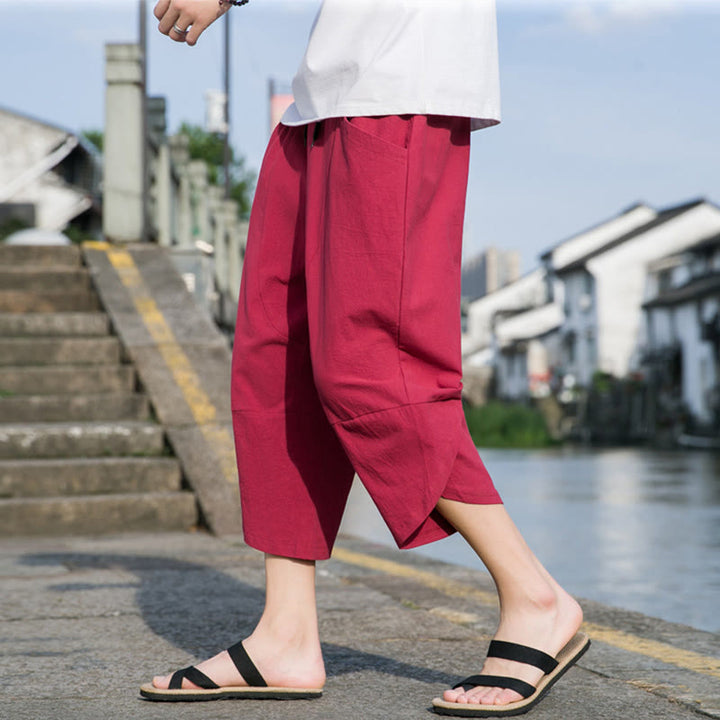 Buddha Stones Sommer-Hose aus Baumwolle und Leinen, lässig, schlicht, konisch zulaufendes Design, Kordelzug, Herrenhose in Länge 7–8, mit Taschen