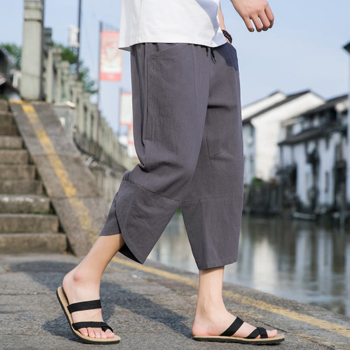 Buddha Stones Sommer-Hose aus Baumwolle und Leinen, lässig, schlicht, konisch zulaufendes Design, Kordelzug, Herrenhose in Länge 7–8, mit Taschen