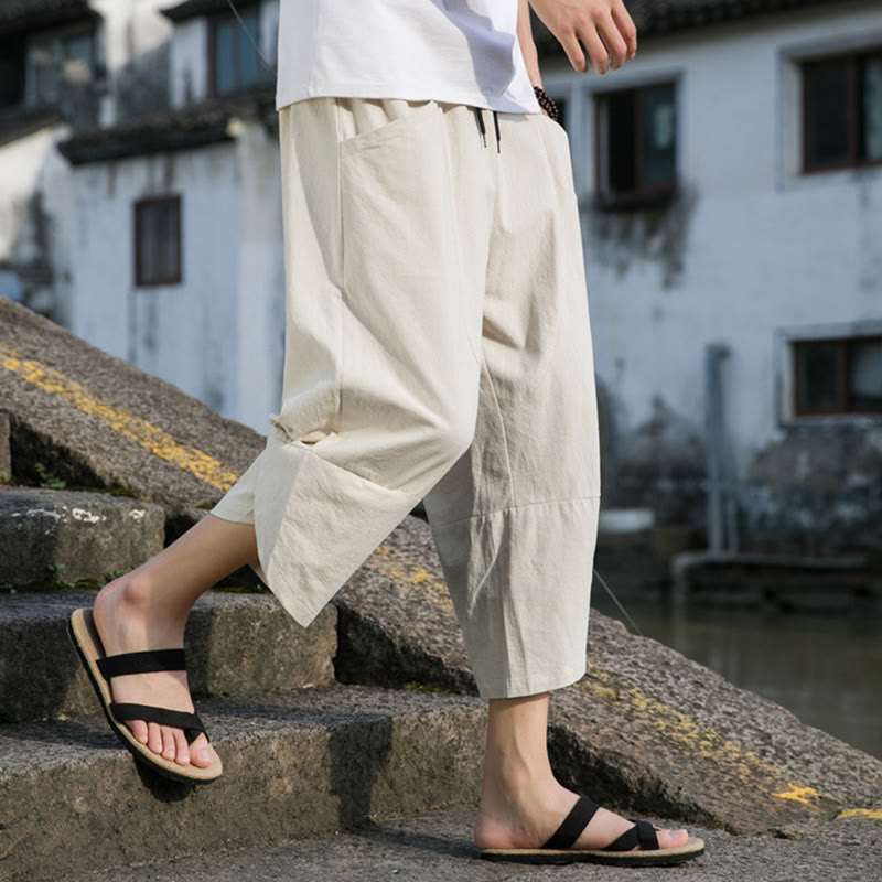 Buddha Stones Sommer-Hose aus Baumwolle und Leinen, lässig, schlicht, konisch zulaufendes Design, Kordelzug, Herrenhose in Länge 7–8, mit Taschen