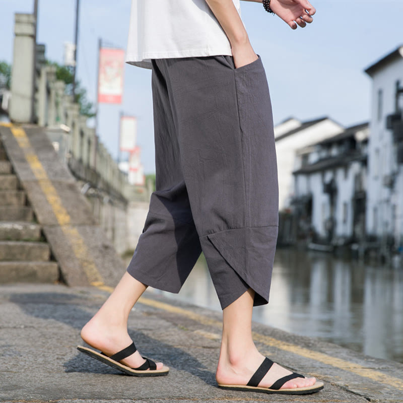 Buddha Stones Sommer-Hose aus Baumwolle und Leinen, lässig, schlicht, konisch zulaufendes Design, Kordelzug, Herrenhose in Länge 7–8, mit Taschen