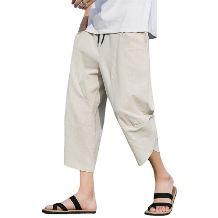 Buddha Stones Sommer-Hose aus Baumwolle und Leinen, lässig, schlicht, konisch zulaufendes Design, Kordelzug, Herrenhose in Länge 7–8, mit Taschen