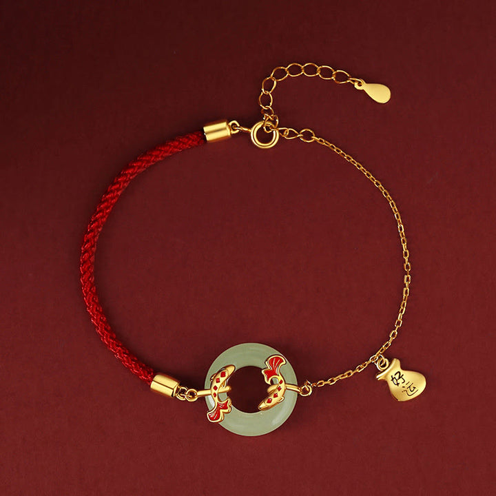 Buddha Stones 999 Sterling Silber Hetian Weiß Jade Double Koi Fish Friedensschnalle Glücksbringer Reichtum Armband - image 1