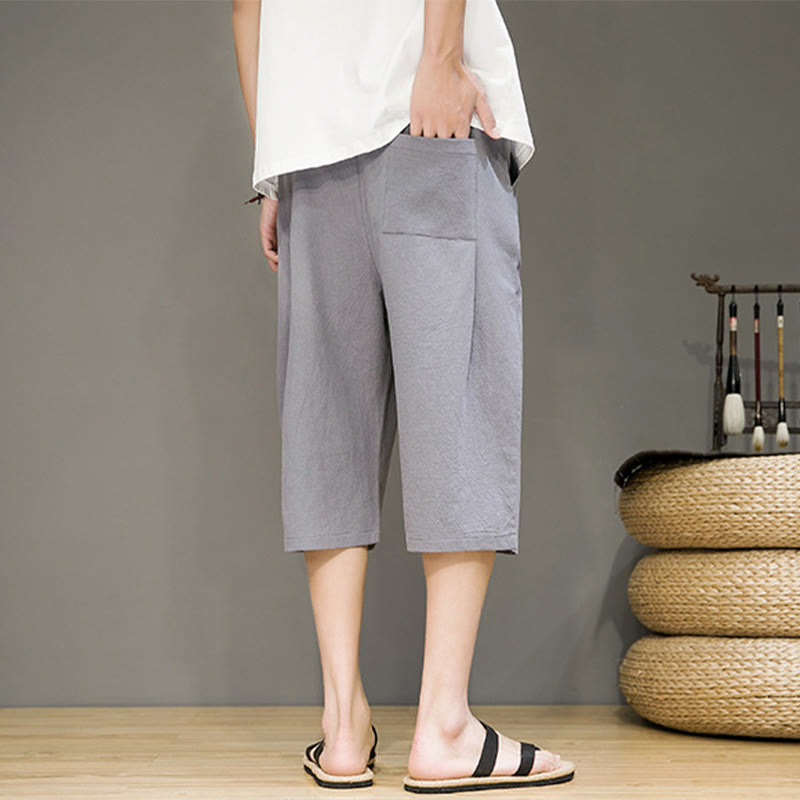 Buddha Stones Lässige Sommer-Haremshose aus Baumwolle und Leinen mit Kordelzug, einfarbig, kurze Hose mit Taschen