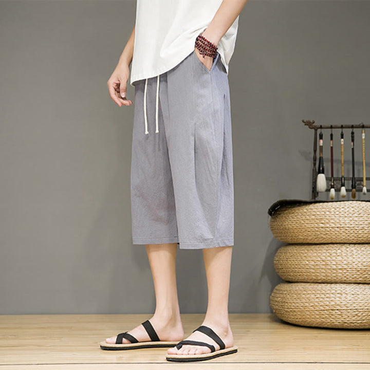 Buddha Stones Lässige Sommer-Haremshose aus Baumwolle und Leinen mit Kordelzug, einfarbig, kurze Hose mit Taschen
