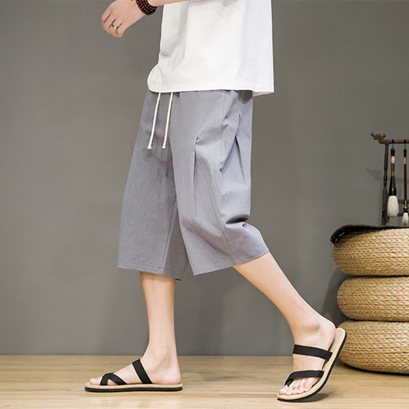 Buddha Stones Lässige Sommer-Haremshose aus Baumwolle und Leinen mit Kordelzug, einfarbig, kurze Hose mit Taschen