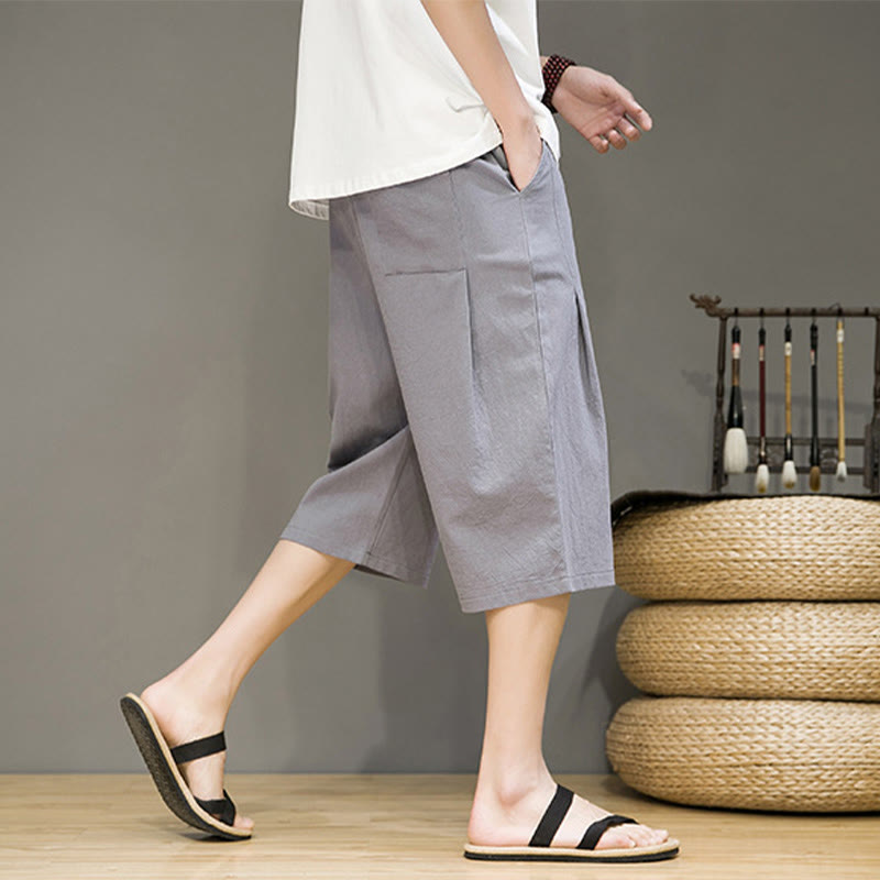 Buddha Stones Lässige Sommer-Haremshose aus Baumwolle und Leinen mit Kordelzug, einfarbig, kurze Hose mit Taschen