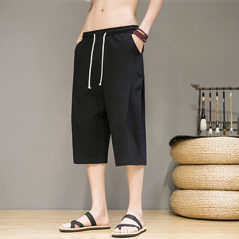 Buddha Stones Lässige Sommer-Haremshose aus Baumwolle und Leinen mit Kordelzug, einfarbig, kurze Hose mit Taschen