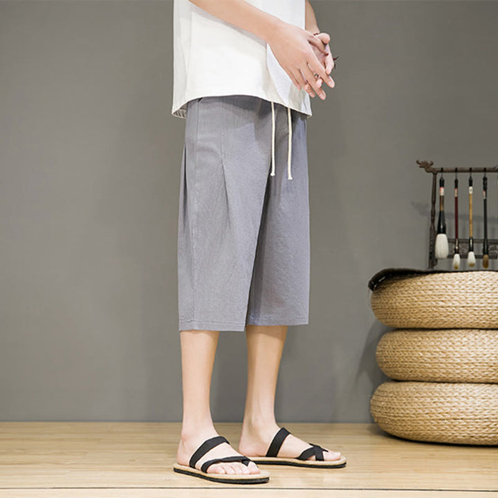 Buddha Stones Lässige Sommer-Haremshose aus Baumwolle und Leinen mit Kordelzug, einfarbig, kurze Hose mit Taschen