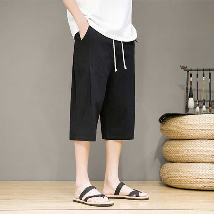 Buddha Stones Lässige Sommer-Haremshose aus Baumwolle und Leinen mit Kordelzug, einfarbig, kurze Hose mit Taschen