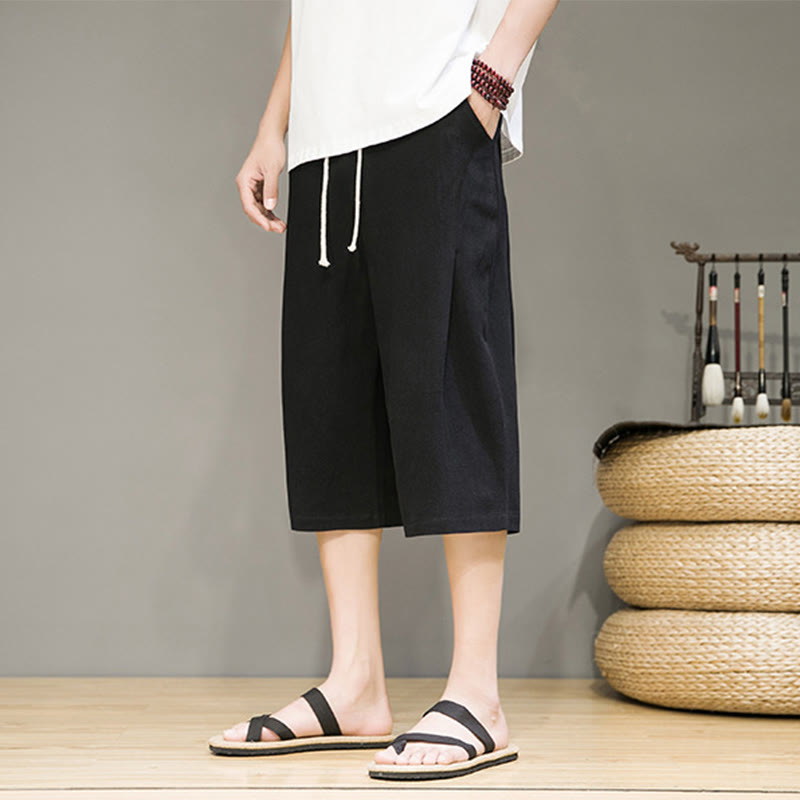Buddha Stones Lässige Sommer-Haremshose aus Baumwolle und Leinen mit Kordelzug, einfarbig, kurze Hose mit Taschen