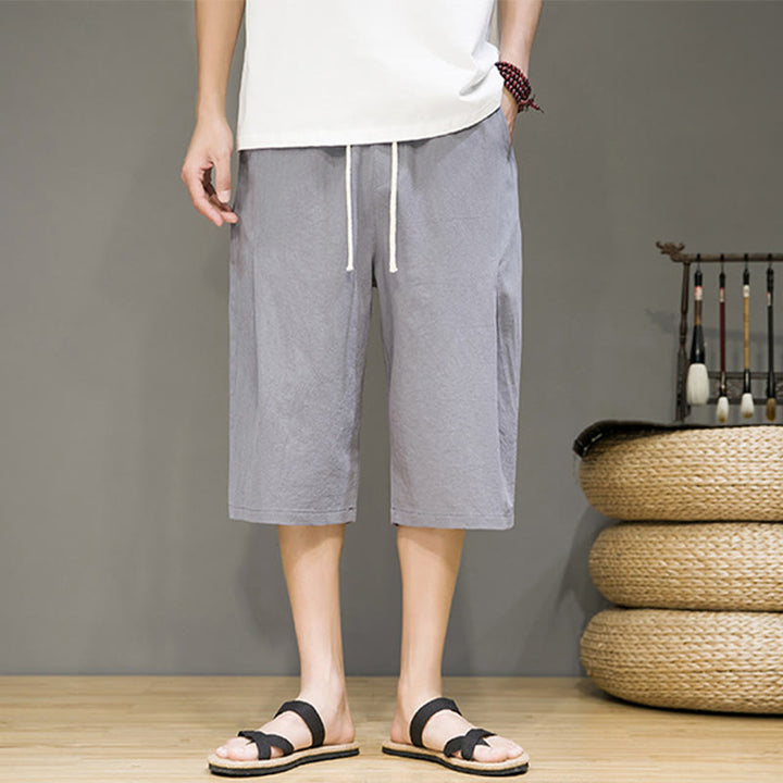 Buddha Stones Lässige Sommer-Haremshose aus Baumwolle und Leinen mit Kordelzug, einfarbig, kurze Hose mit Taschen