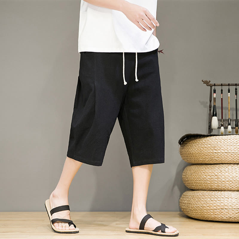 Buddha Stones Lässige Sommer-Haremshose aus Baumwolle und Leinen mit Kordelzug, einfarbig, kurze Hose mit Taschen
