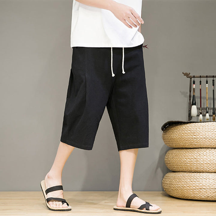Buddha Stones Lässige Sommer-Haremshose aus Baumwolle und Leinen mit Kordelzug, einfarbig, kurze Hose mit Taschen