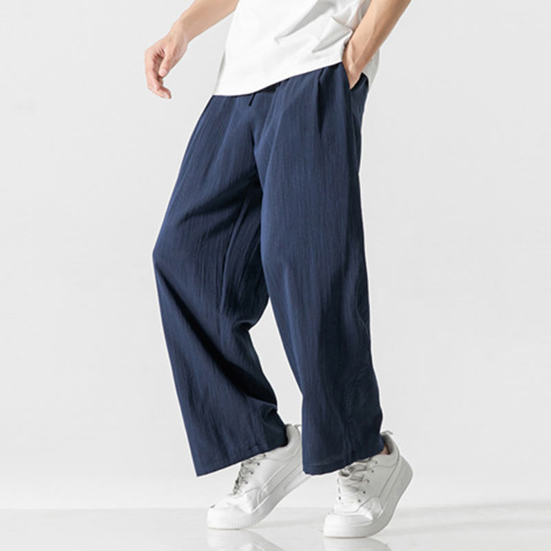 Buddha Stones Sommer-Hose aus lässiger Baumwolle und Leinen mit geradem Bein, für Herren, mit Kordelzug und Taschen