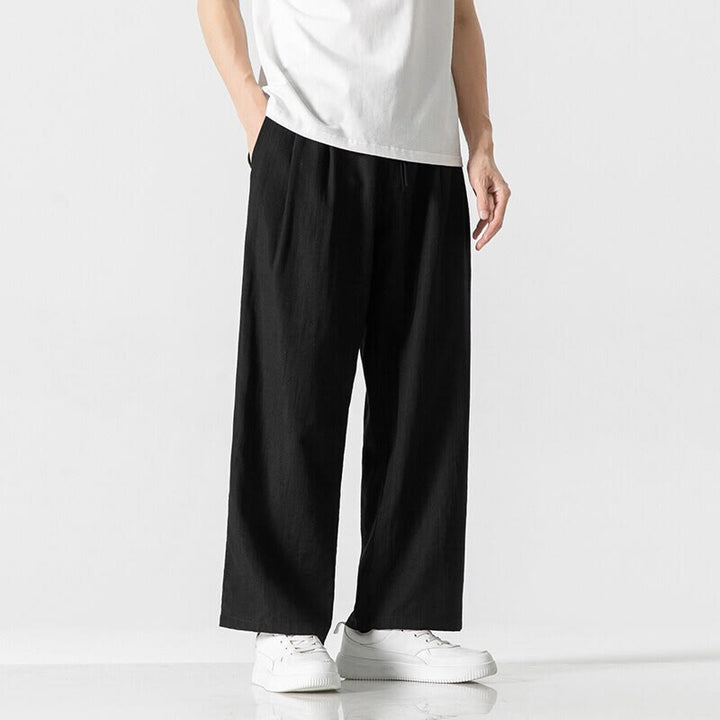 Buddha Stones Sommer-Hose aus lässiger Baumwolle und Leinen mit geradem Bein, für Herren, mit Kordelzug und Taschen