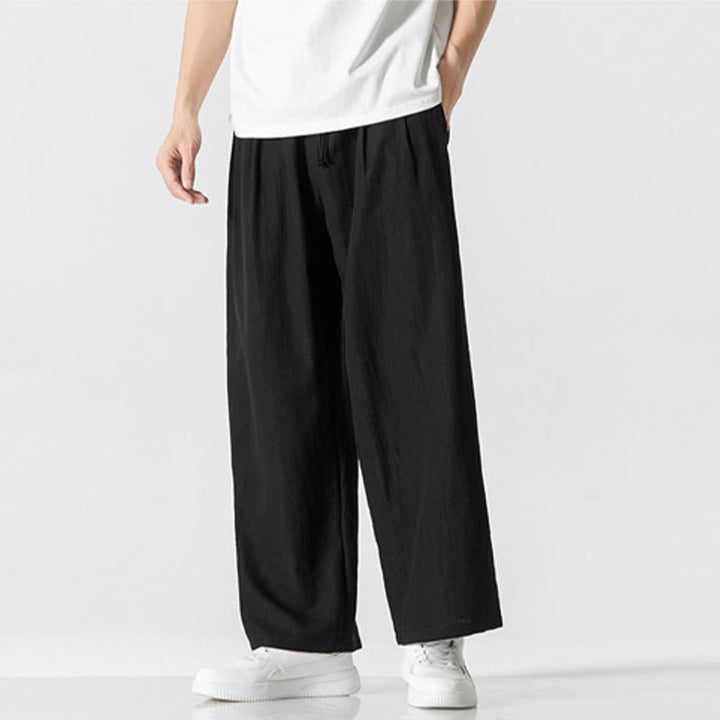 Buddha Stones Sommer-Hose aus lässiger Baumwolle und Leinen mit geradem Bein, für Herren, mit Kordelzug und Taschen
