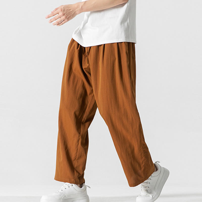 Buddha Stones Sommer-Hose aus lässiger Baumwolle und Leinen mit geradem Bein, für Herren, mit Kordelzug und Taschen