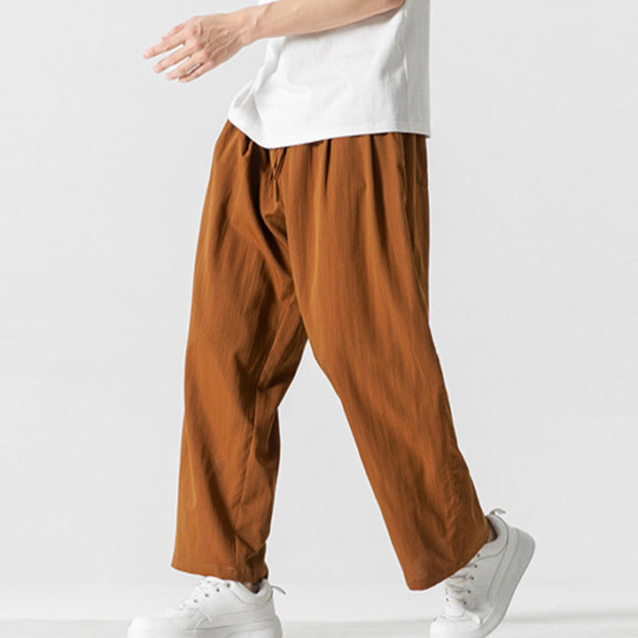 Buddha Stones Sommer-Hose aus lässiger Baumwolle und Leinen mit geradem Bein, für Herren, mit Kordelzug und Taschen