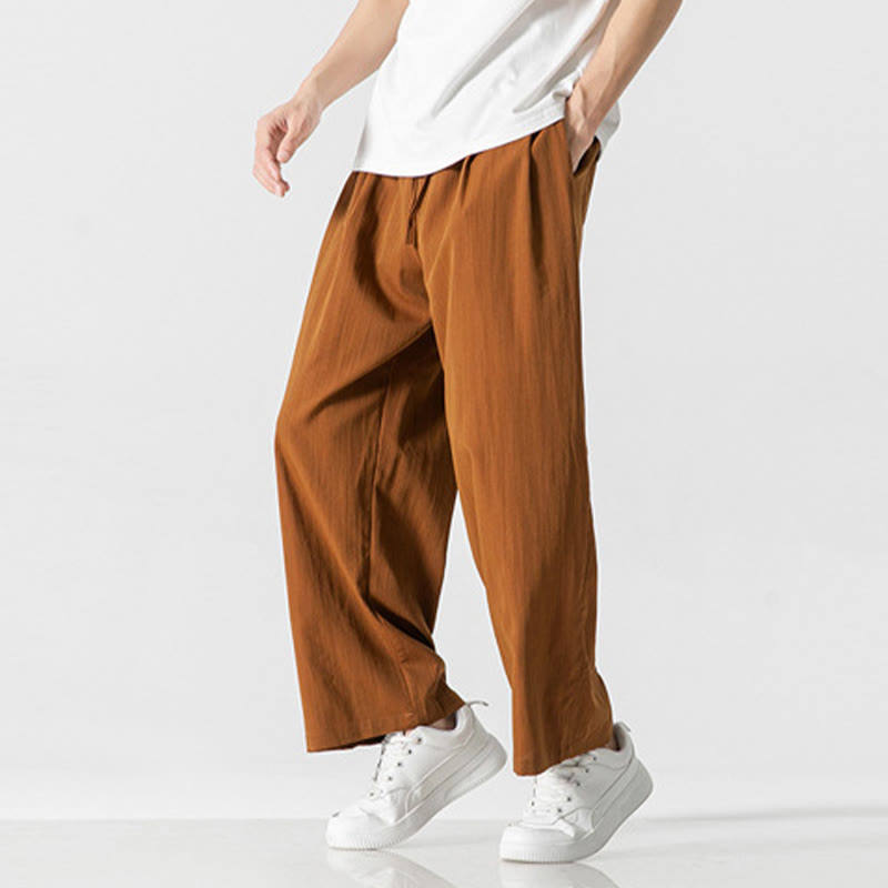 Buddha Stones Sommer-Hose aus lässiger Baumwolle und Leinen mit geradem Bein, für Herren, mit Kordelzug und Taschen