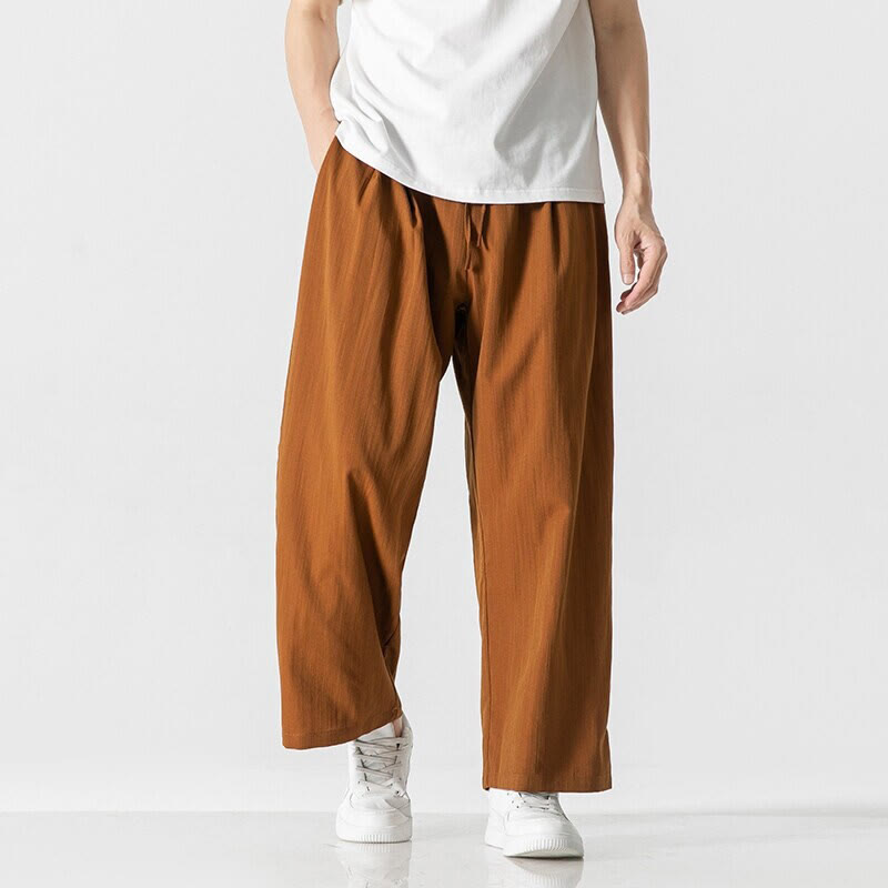 Buddha Stones Sommer-Hose aus lässiger Baumwolle und Leinen mit geradem Bein, für Herren, mit Kordelzug und Taschen