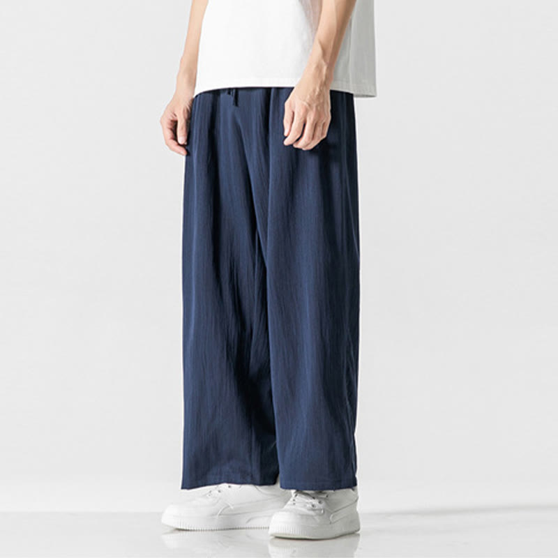 Buddha Stones Sommer-Hose aus lässiger Baumwolle und Leinen mit geradem Bein, für Herren, mit Kordelzug und Taschen