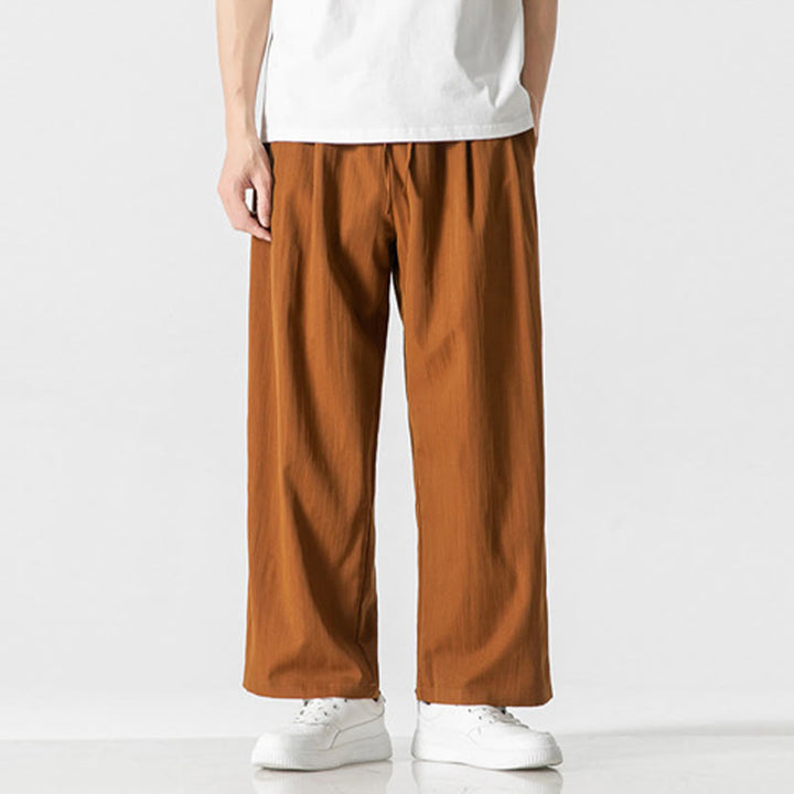 Buddha Stones Sommer-Hose aus lässiger Baumwolle und Leinen mit geradem Bein, für Herren, mit Kordelzug und Taschen