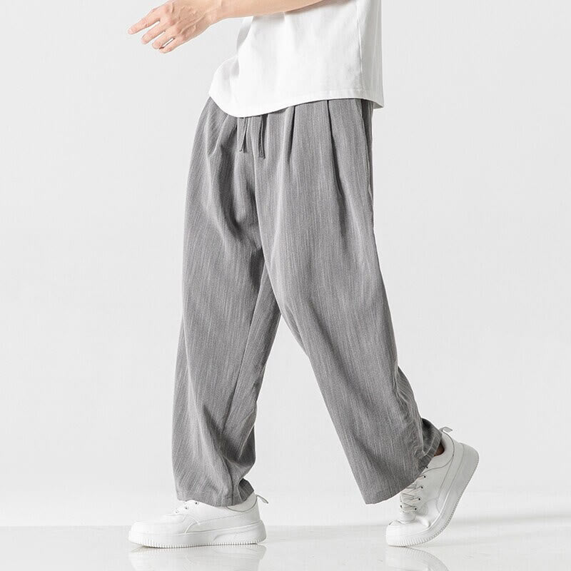 Buddha Stones Sommer-Hose aus lässiger Baumwolle und Leinen mit geradem Bein, für Herren, mit Kordelzug und Taschen