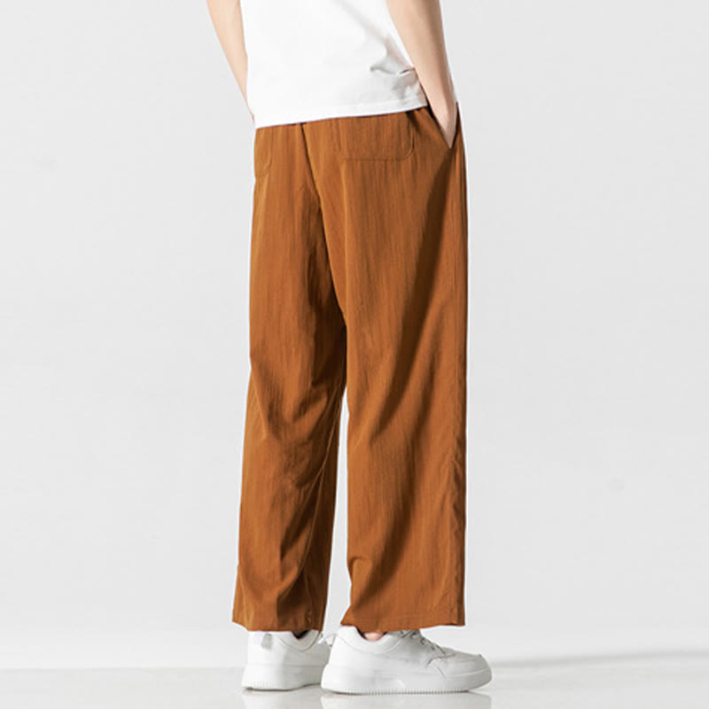 Buddha Stones Sommer-Hose aus lässiger Baumwolle und Leinen mit geradem Bein, für Herren, mit Kordelzug und Taschen