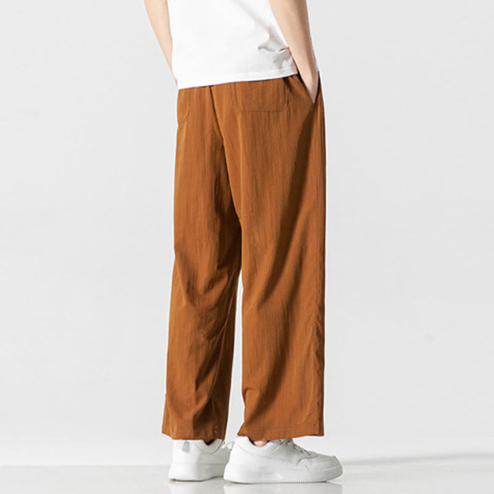 Buddha Stones Sommer-Hose aus lässiger Baumwolle und Leinen mit geradem Bein, für Herren, mit Kordelzug und Taschen