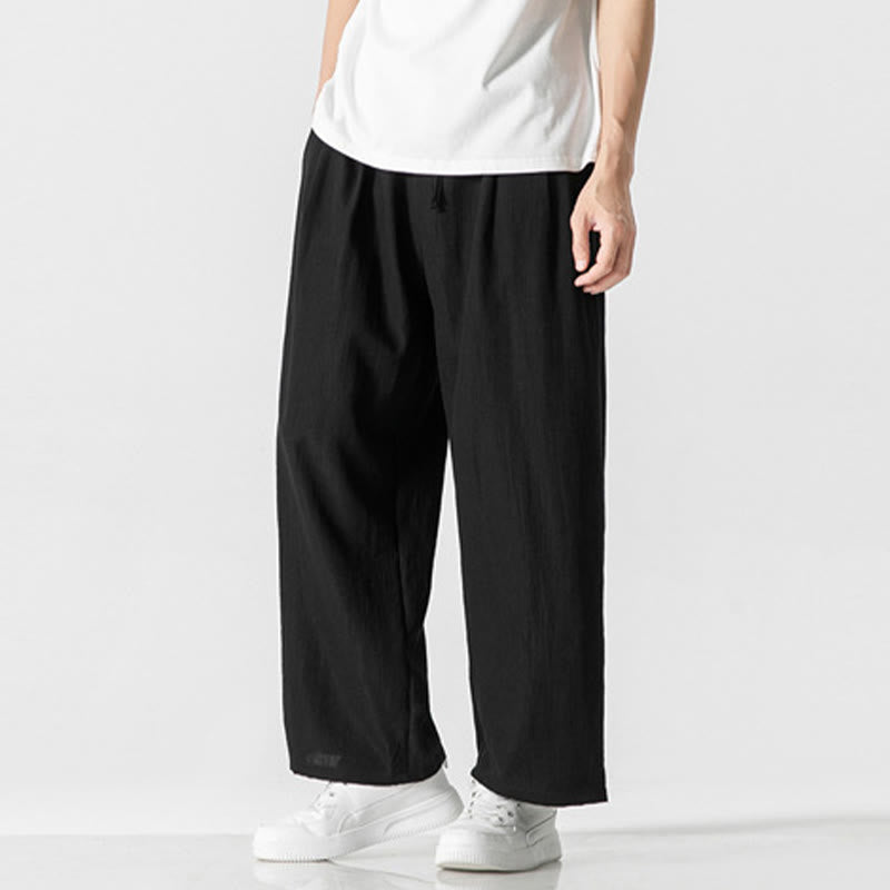 Buddha Stones Sommer-Hose aus lässiger Baumwolle und Leinen mit geradem Bein, für Herren, mit Kordelzug und Taschen